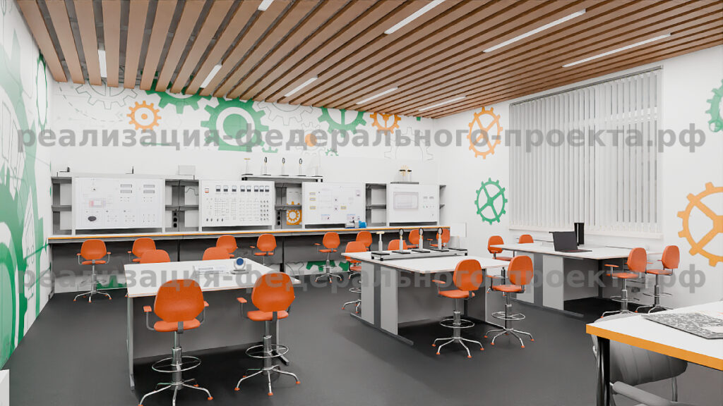 Современный кабинет физики в школе: Преподавательская зона; Ученическая аудиторная зона; Лабораторный сектор для практических работ; Зона хранения; Представленный проект кабинета физики демонстрирует инновационный подход к организации учебной среды.