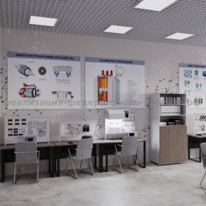Архитектура учебного пространства Планировка предполагает два связанных помещения: основной зал для занятий и вспомогательную лаборантскую (А), выполняющую роль кладовой. В учебном зале выделены три функциональные области, образующие единый рабочий контур: зона преподавателя (Б), теоретический сектор (В) и практическая лаборатория (Г).