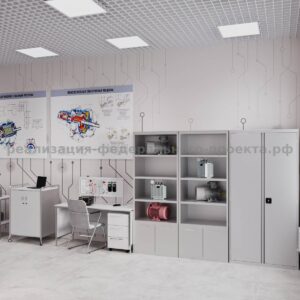 Преподавательский модуль Расположен вблизи выхода в лаборантскую. Состав модуля: Профильный L-образный стол с эргономичным креслом (18). Стационарная интерактивная цифровая доска для презентаций (19). Мобильная демонстрационная тумба с образцами компонентов (20) и доска для заметок (21). Питьевой фонтанчик (22) размещен у входа для удобства.