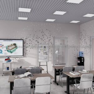Комплексный проект для вуза. Реализация инициатив предполагает несколько принципов: Разработка целостных инфраструктурных и технологических решений; Акцент на создание исследовательской и творческой атмосферы в аудиториях и лабораториях; Безусловное соответствие поставляемого оборудования профильным образовательным и отраслевым стандартам.. На стороне, граничащей с коридором: четыре лабораторных модуля с измерительными стендами (11). На глухой торцевой стене: шесть учебных мест с разными типами стендов (12, 14), разделенных промежуточным шкафом для хранения (13).